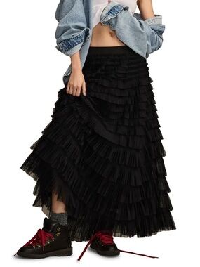 NWT Lucky Brand Tiered Ruffle Maxi Skirt Festival Black XXL